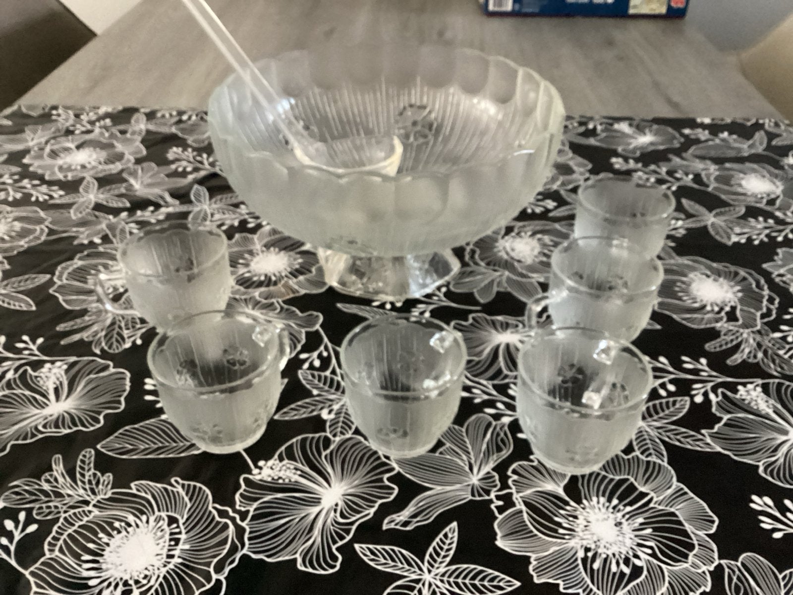 Vintage Glazen Punch Set - Kom met 6 Kopjes en Lepel, Gebruikt, Overige typen, Vintage, Ophalen of Verzenden