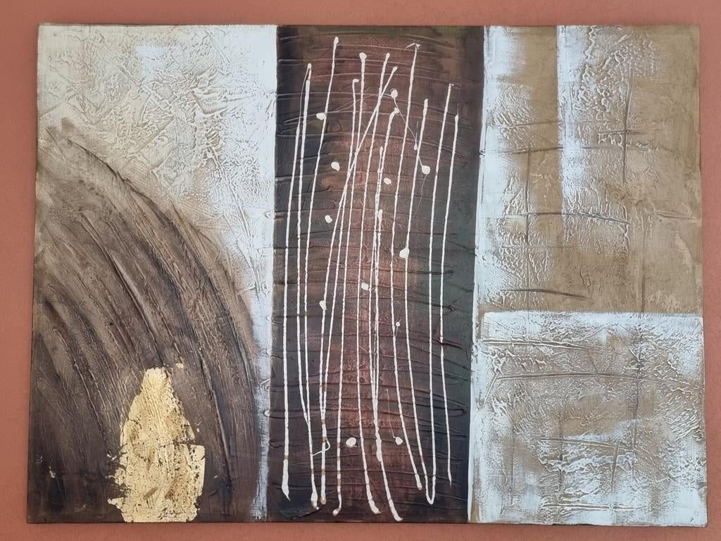 Abstract Kanvas Schilderij 120x90 - Bruin, Wit, Goud, Antiek en Kunst, Kunst | Schilderijen | Abstract, Ophalen