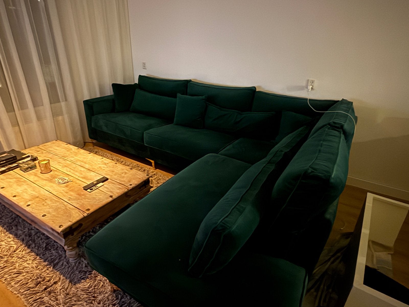 Groene velvet hoekbank 3x2,5 mtr - Diepe lounge zit, Huis en Inrichting, Ophalen, Gebruikt, Hoekbank, 300 cm of meer