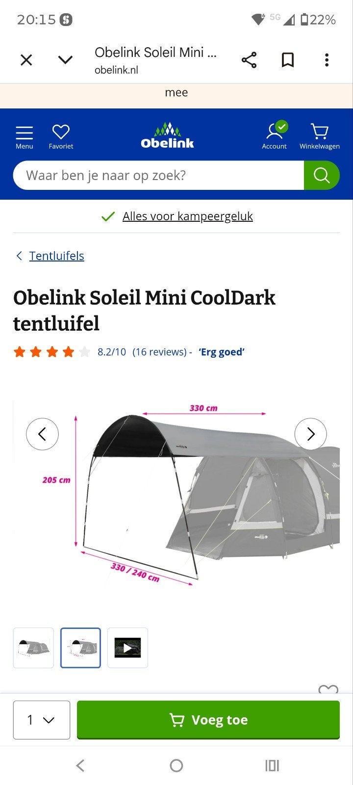 Obelink Soleil Mini Cooldark tentluifel - ZGAN, Ophalen, Zo goed als nieuw
