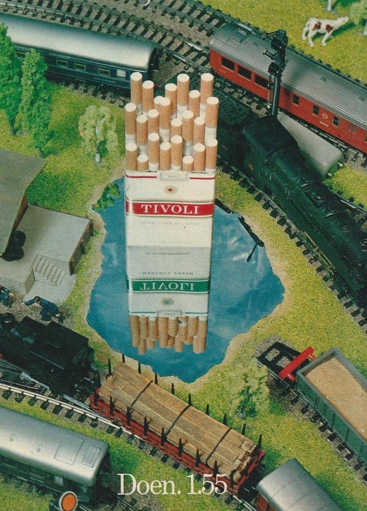 Retro reclame 1972 Tivoli sigaretten treintjes modeltrein, Verzamelen, Verzenden, Overige typen