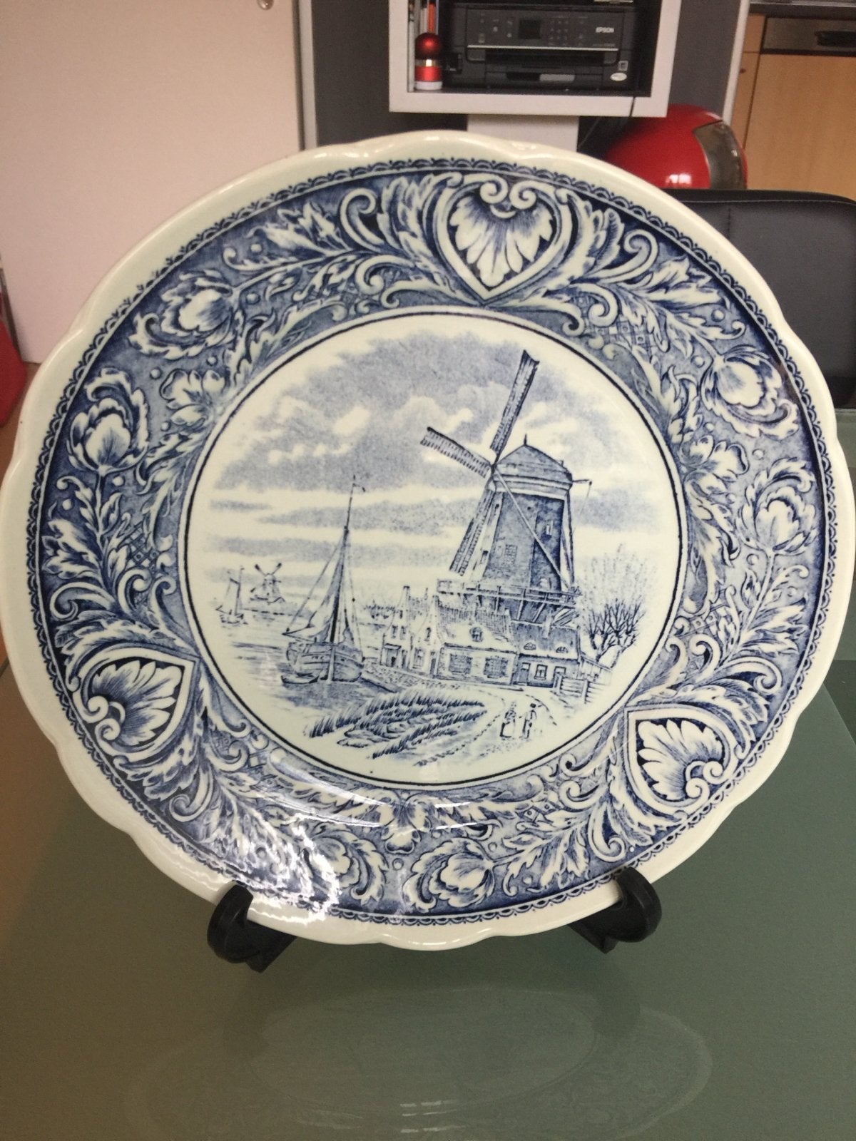 Delfts Blauw Wandbord - Molen en Zeilschip, Ophalen