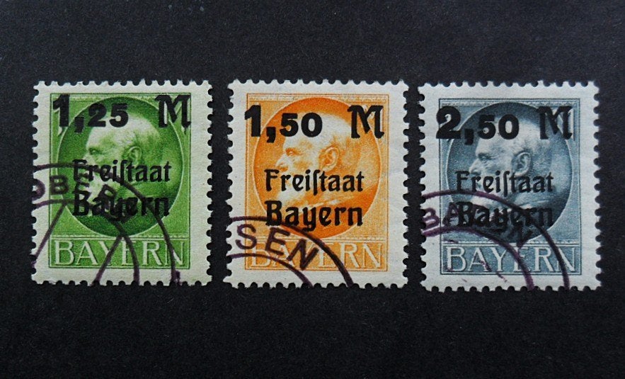 Bayern Mi-174-176 serie Freistaat met waardeopdrukken 1919, Postzegels en Munten, Ophalen of Verzenden, Duitse Keizerrijk, Gestempeld