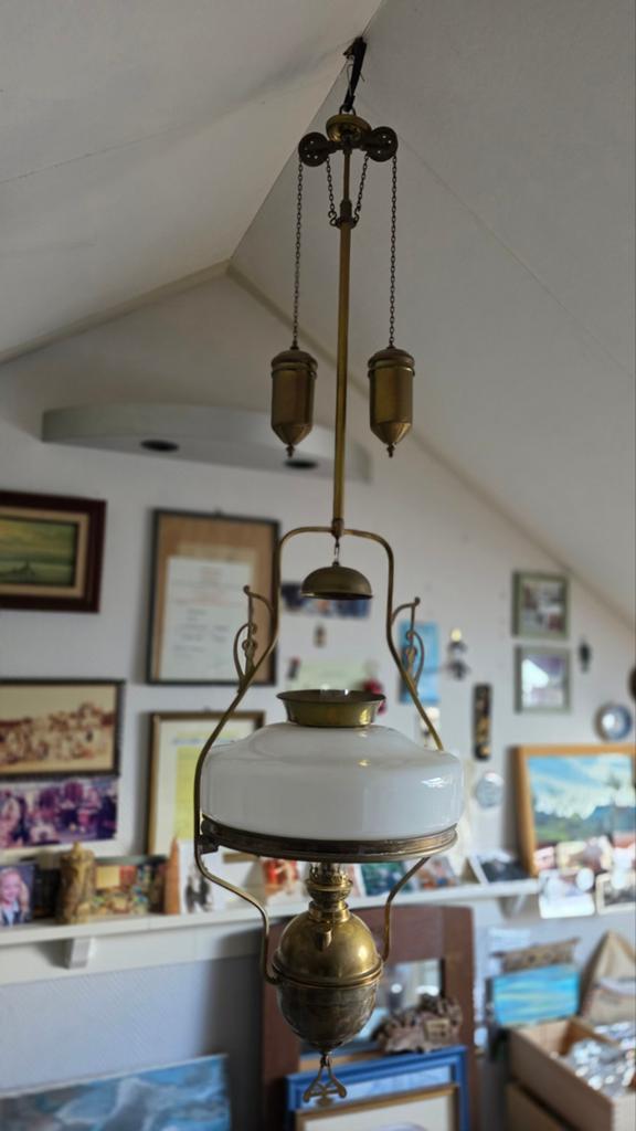 Te koop: antieke petroleum hanglamp, Antiek en Kunst, Ophalen