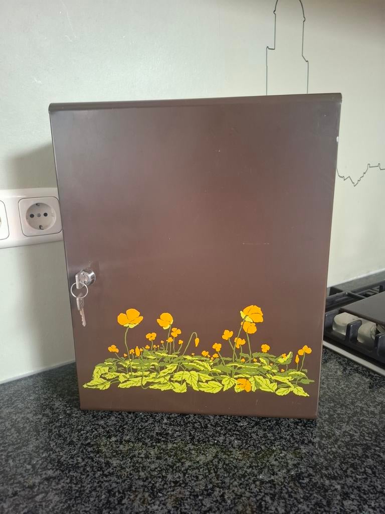 Vintage Brabantia medicijnkastje bruin met gele bloemen, Ophalen, Gebruikt, Overige typen, Minder dan 100 cm