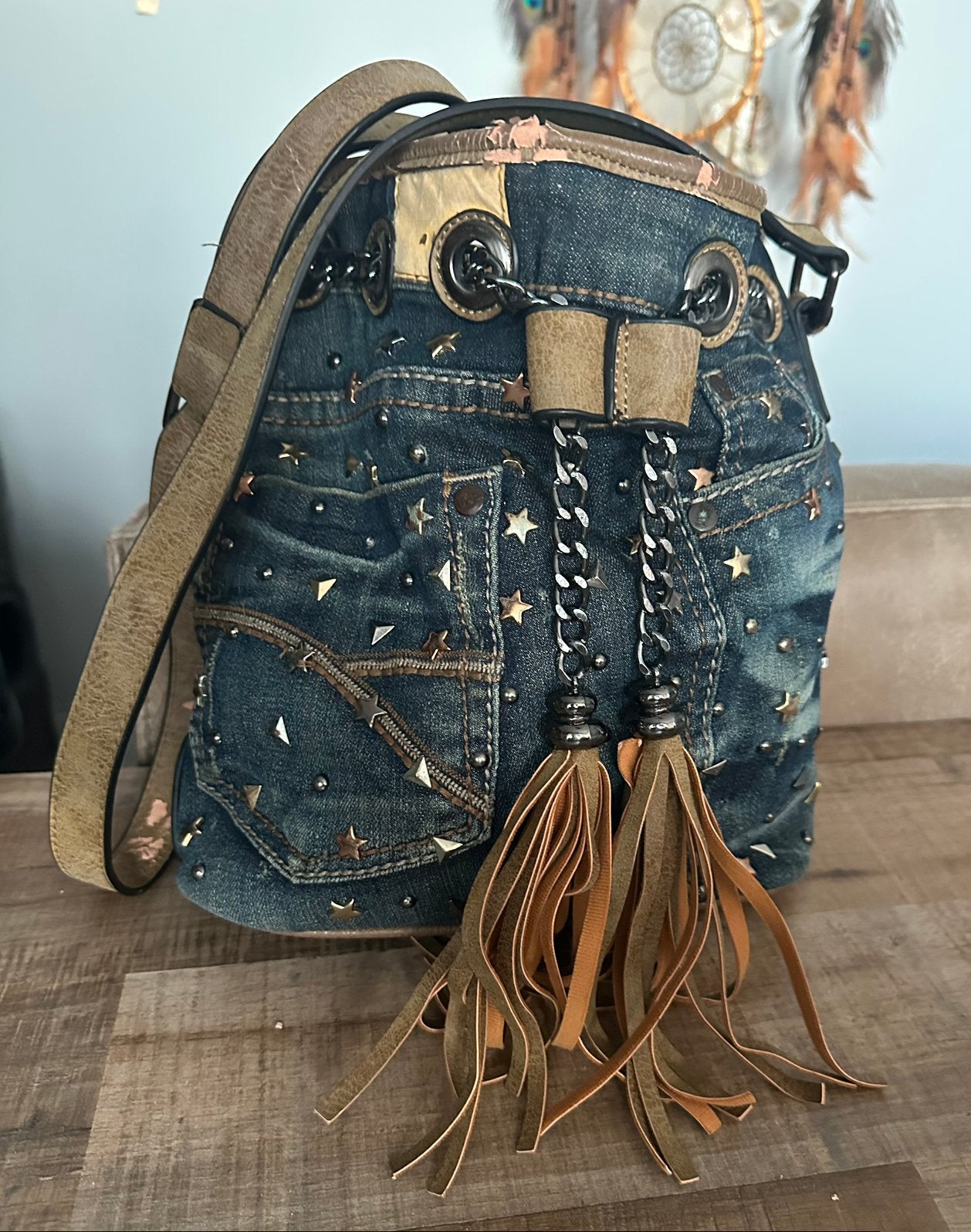 Jeans buideltasje met studs, Sieraden, Tassen en Uiterlijk, Tassen | Damestassen, Ophalen of Verzenden, Gebruikt, Blauw, Schoudertasje