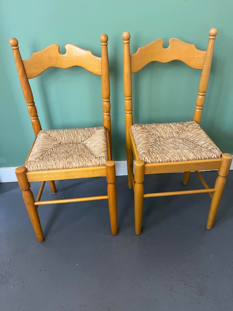 Set van 2 houten vintage stoelen met rieten zitting, Ophalen, Gebruikt, Twee, Overige kleuren