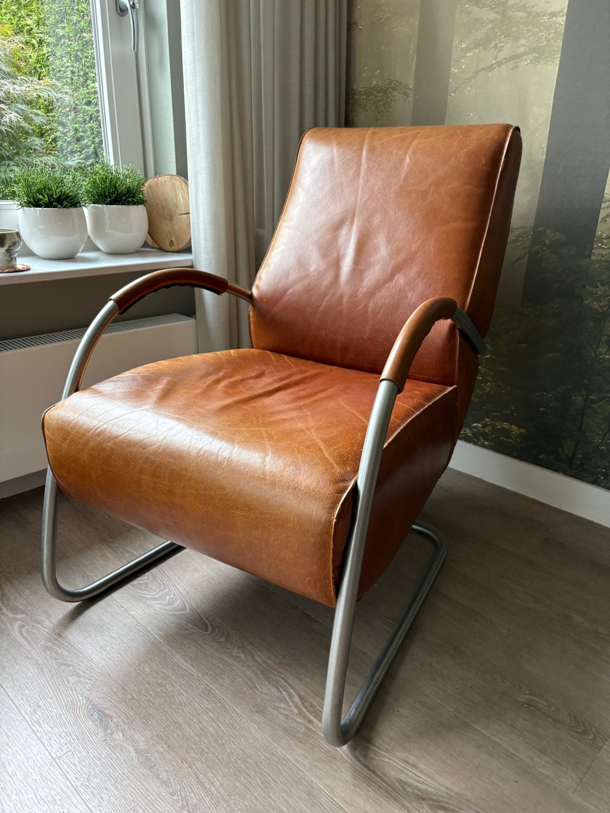 MLeren Fauteuil - Cognac Kleur met metalenFrame, Ophalen, Gebruikt, Bruin, Leer