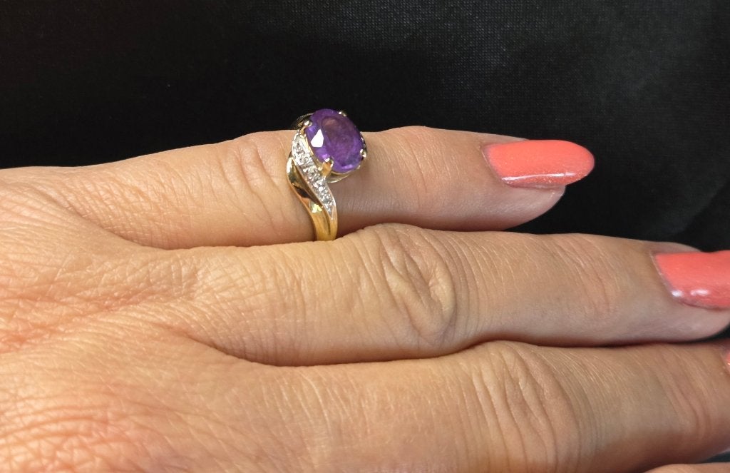 Gouden Vintage ring edelsteen amethist en diamant. 2026/608, ., Paars, Ophalen of Verzenden, .