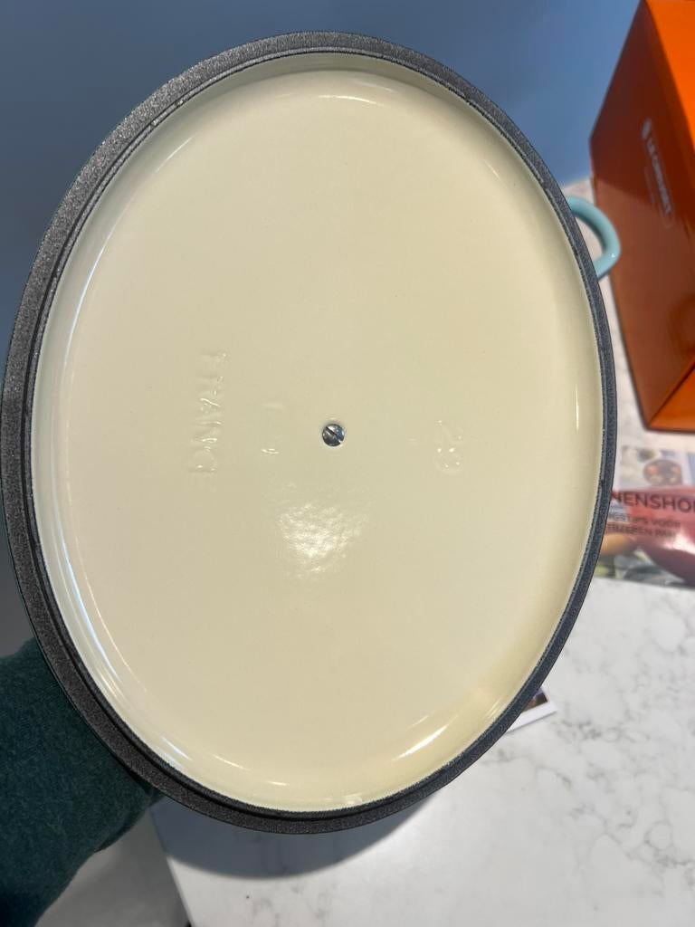Nieuwe Le Creuset braadpan ovaal 29 cm Salie in de doos, Gietijzer, Nieuw, Ophalen of Verzenden, Keramische plaat