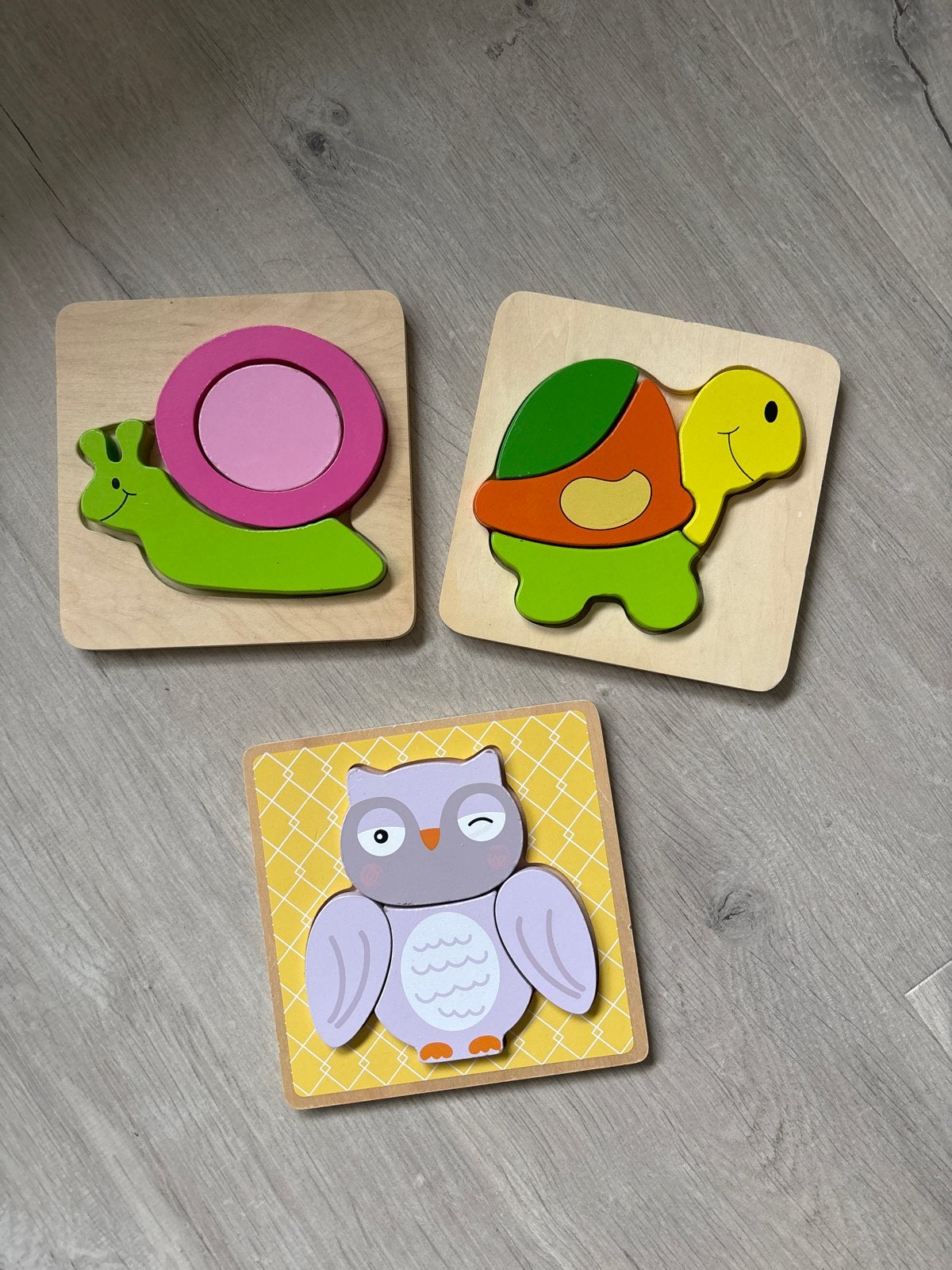 3 Houten Puzzels: Slak, Schildpad & Uil voor Peuters, 2 tot 4 jaar, Gebruikt, Ophalen of Verzenden, Van hout