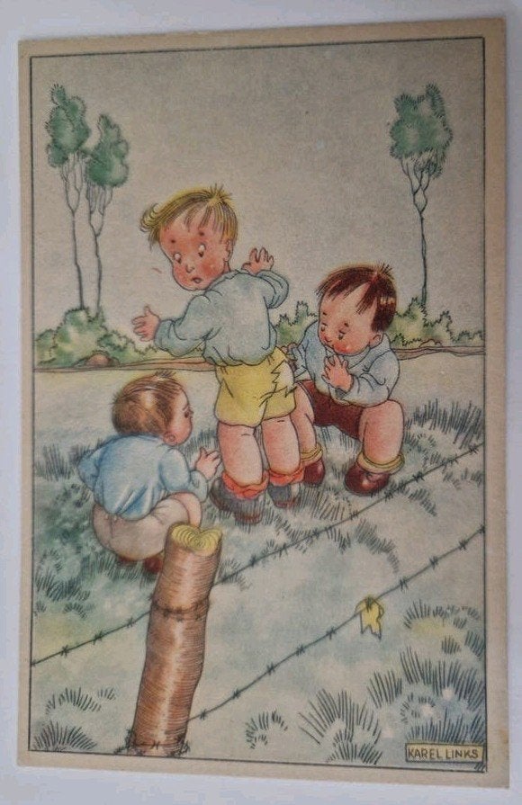 Vintage prentbriefkaart: 3 kleine kleutertjes, Karel Links, Ophalen of Verzenden, 1940 tot 1960, Ongelopen, Kinderen