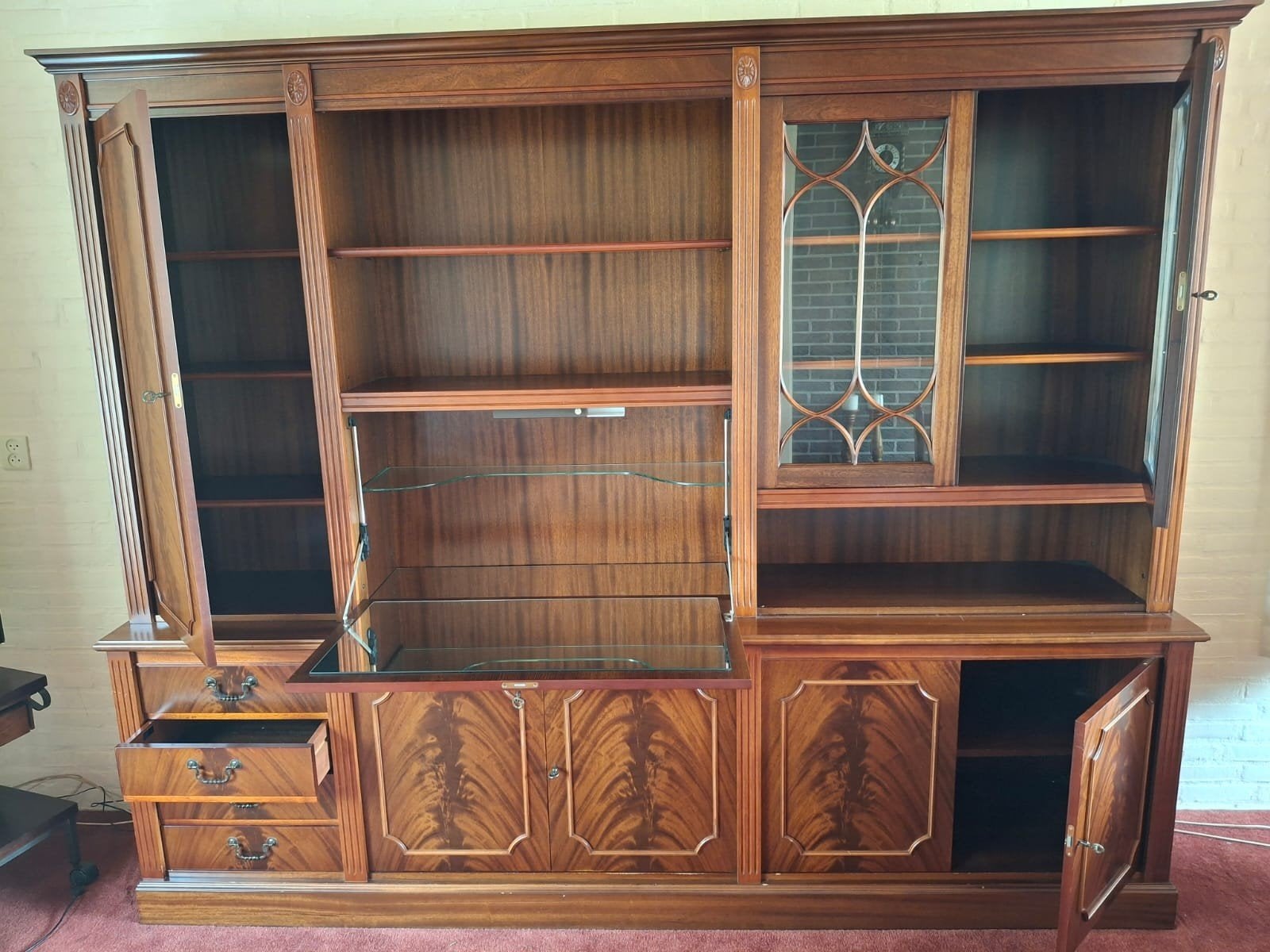 Grote 2-delige wandkast met secretaire en vitrine, Ophalen