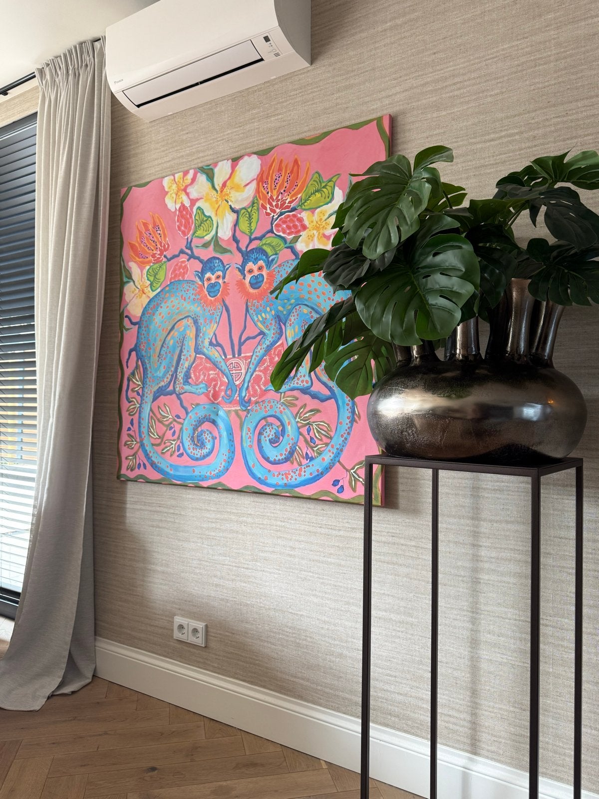 Kleurrijke canvas print 120x120cm met apen en bloemen, Ophalen, Dieren, Print, Op houten frame