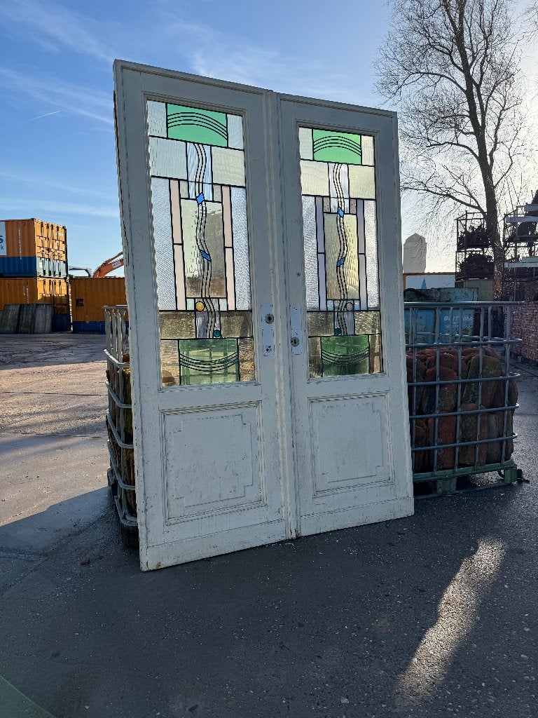 Set Jugendstil openslaande glas in lood deuren 217x159cm, Ophalen