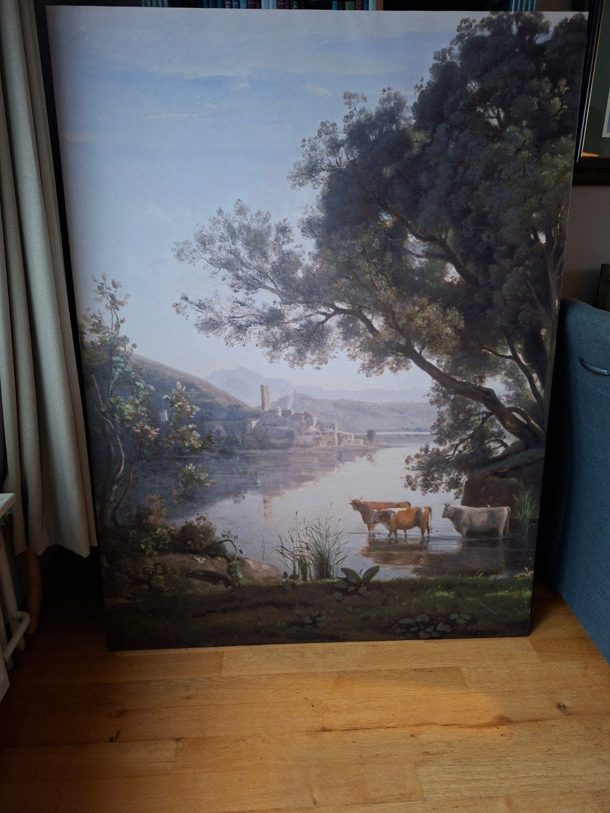 Groot Schilderij: Landschap met Koeien en Dorpsgezicht, Doek, Realistisch, Ophalen of Verzenden, Landschap