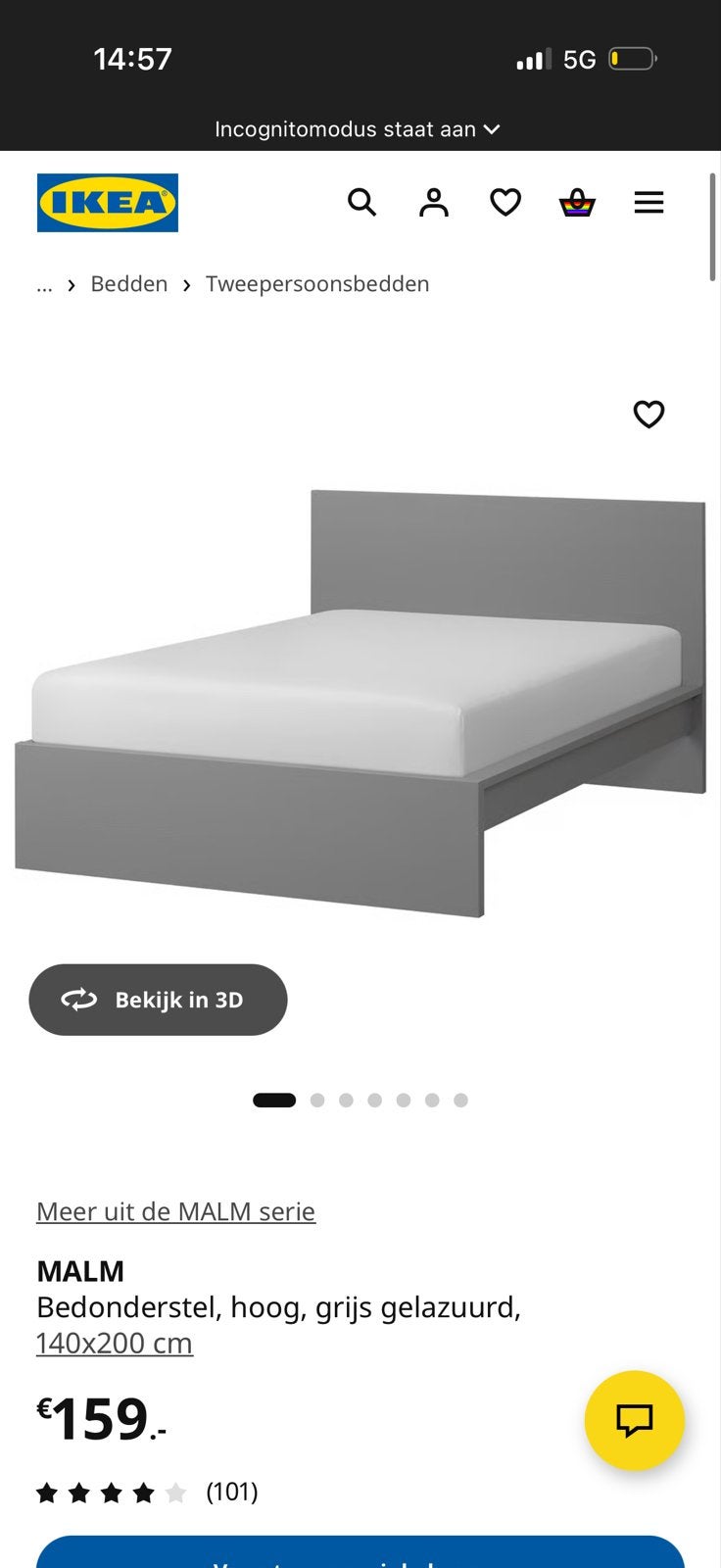 IKEA MALM Bedonderstel, hoog, grijs, 140x200 cm, Ophalen, Gebruikt, Tweepersoons, 140 cm