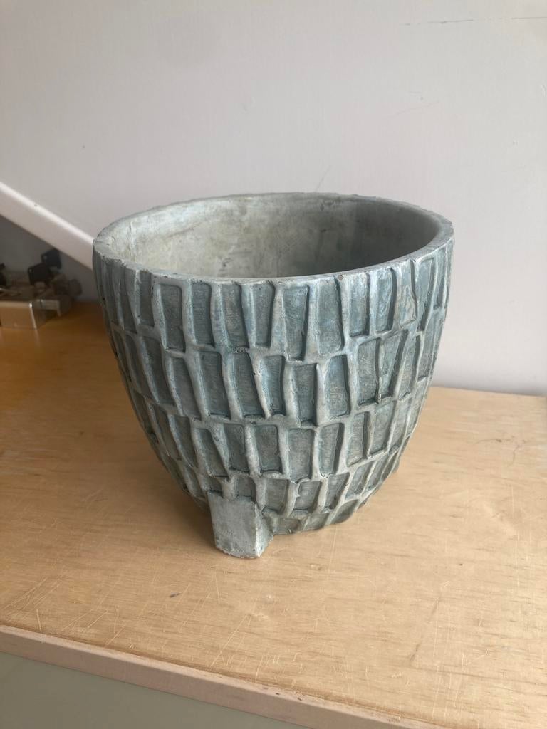 Groene binnen-bloempot met bijzonder reliëf - 18x16cm, Ophalen, Steen, Gebruikt, Rond