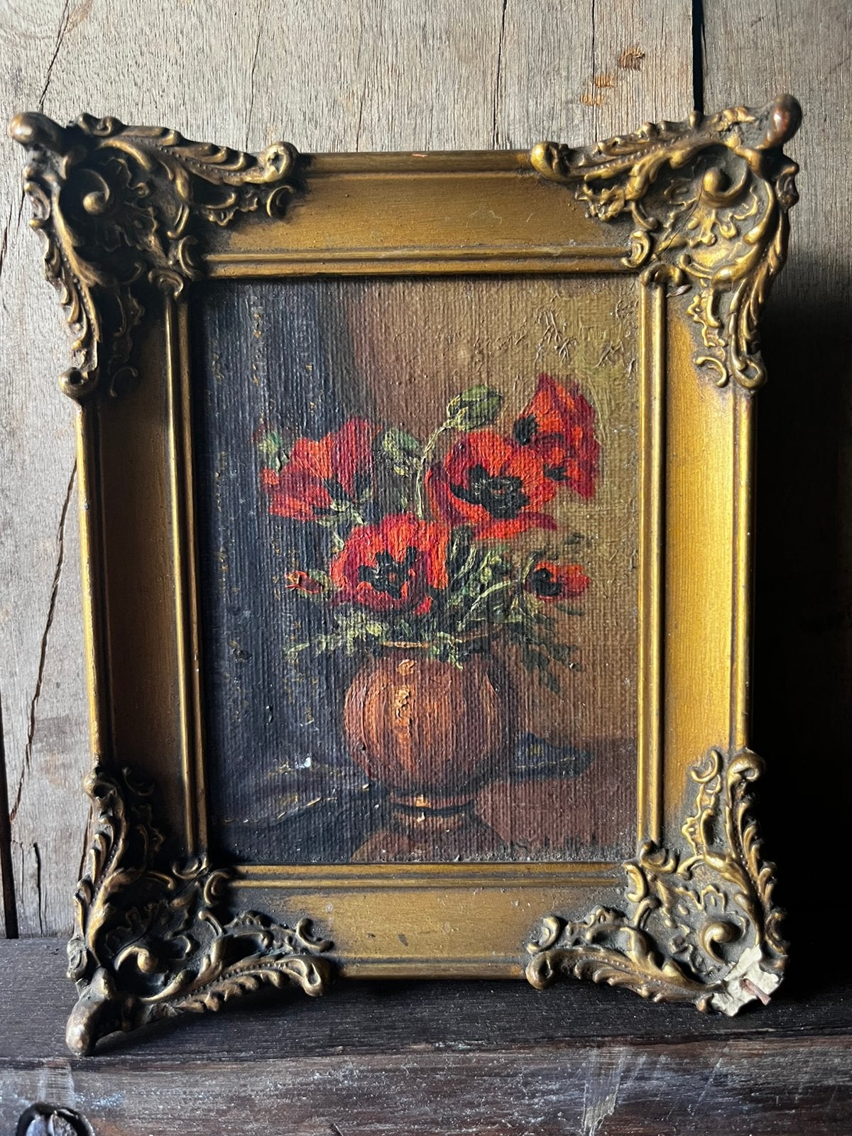 oud antiek klein schilderij bloem stilleven rode rozen, Ophalen of Verzenden
