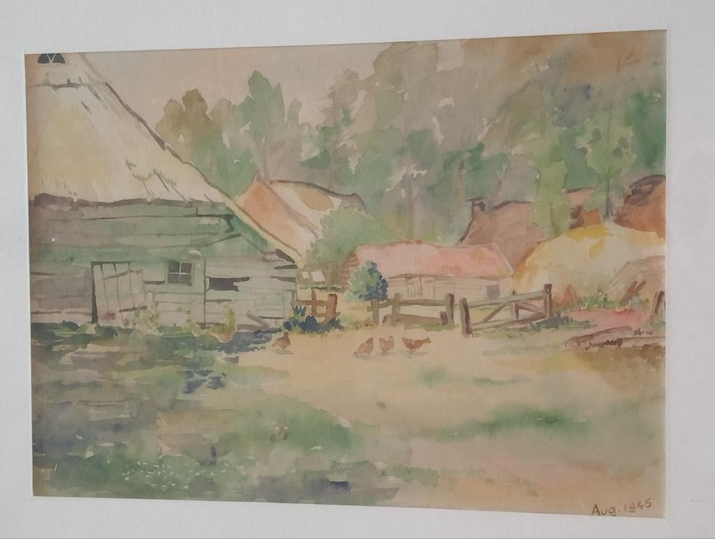 Aquarel boerderij met kippen Hollandse/Haagse school stijl, Ophalen of Verzenden