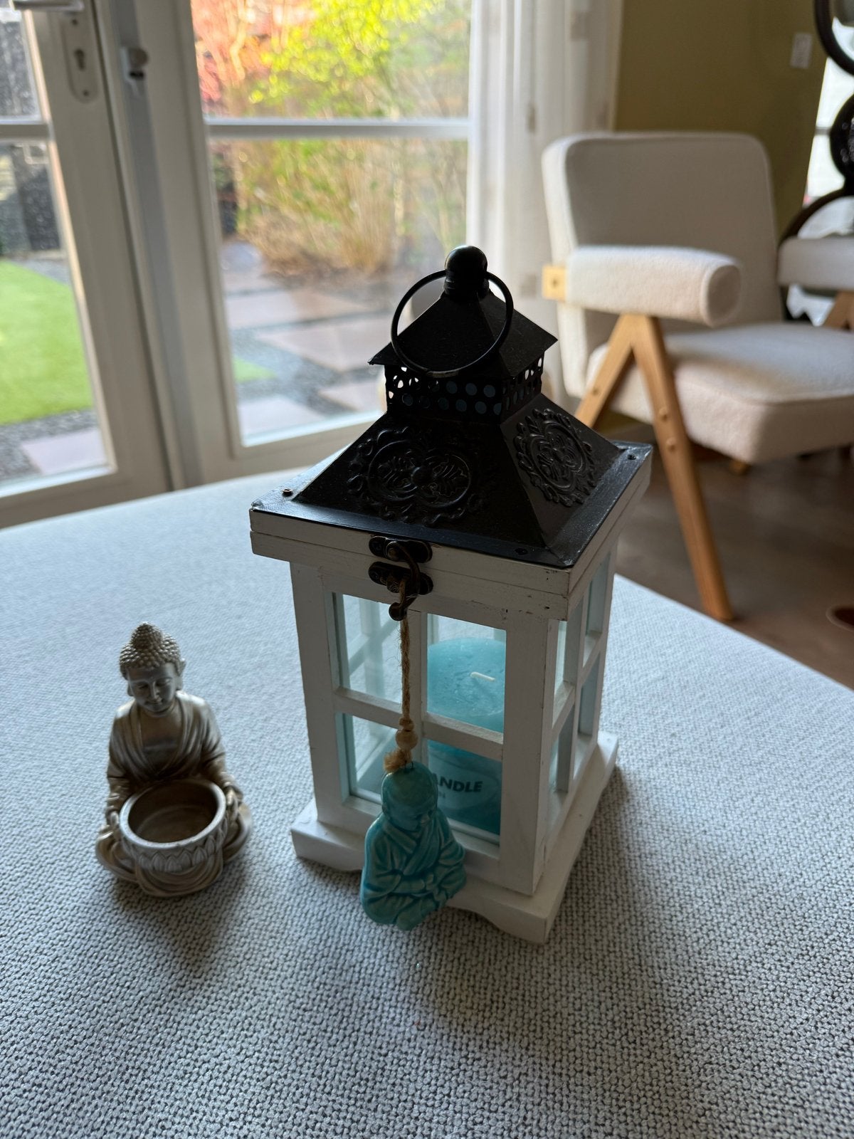 Boeddha Decoratieset: Hoofd met Verlichting, Lantaarn & Houd, Ophalen of Verzenden, Zo goed als nieuw