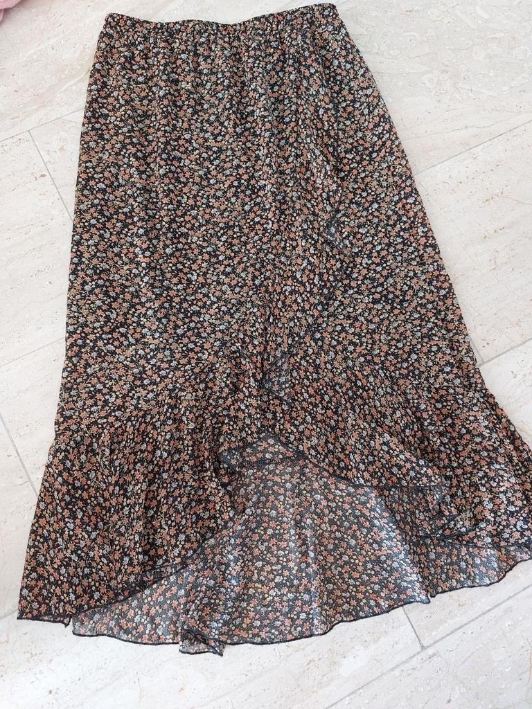 Zwarte bloemenrok met ruches Flamant Rose- Maat M, Kleding | Dames, Rokken, Maat 38/40 (M), Zwart, Zo goed als nieuw, Onder de knie