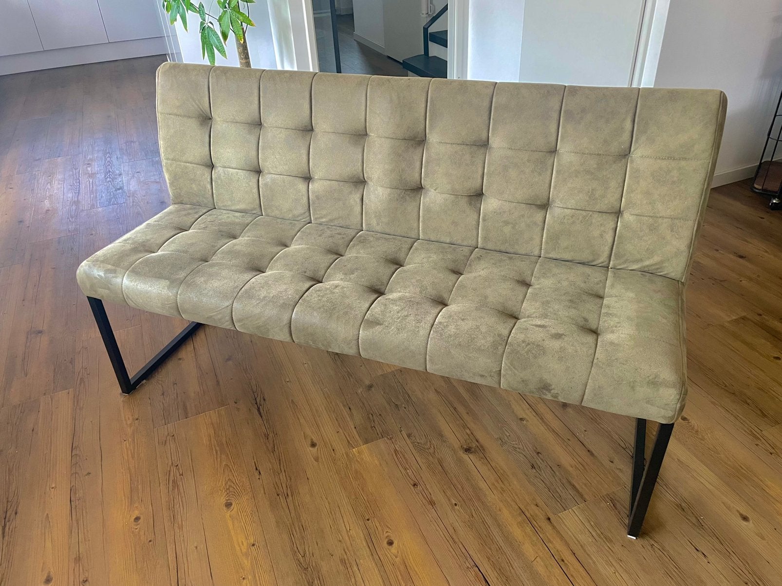 Eettafel bank olijfgroen 160lang, Ophalen, 150 tot 200 cm, Tweepersoons, 75 tot 100 cm