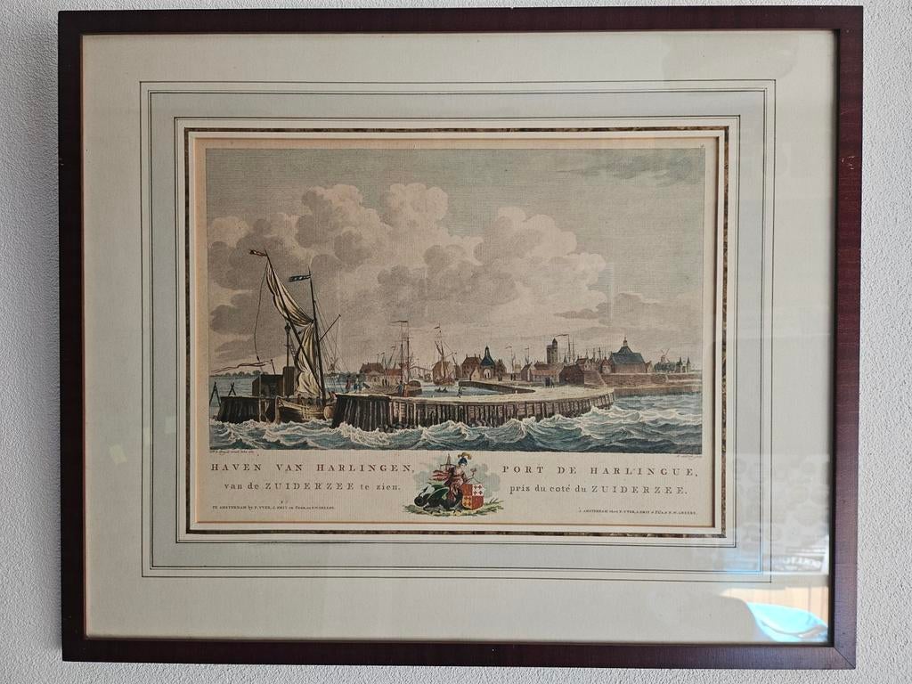 Riante 17e eeuwse kleurprent Harlingen met certificaat, Antiek en Kunst, Stadsgezicht, Gravure, Handgekleurd, 1600 - 1699