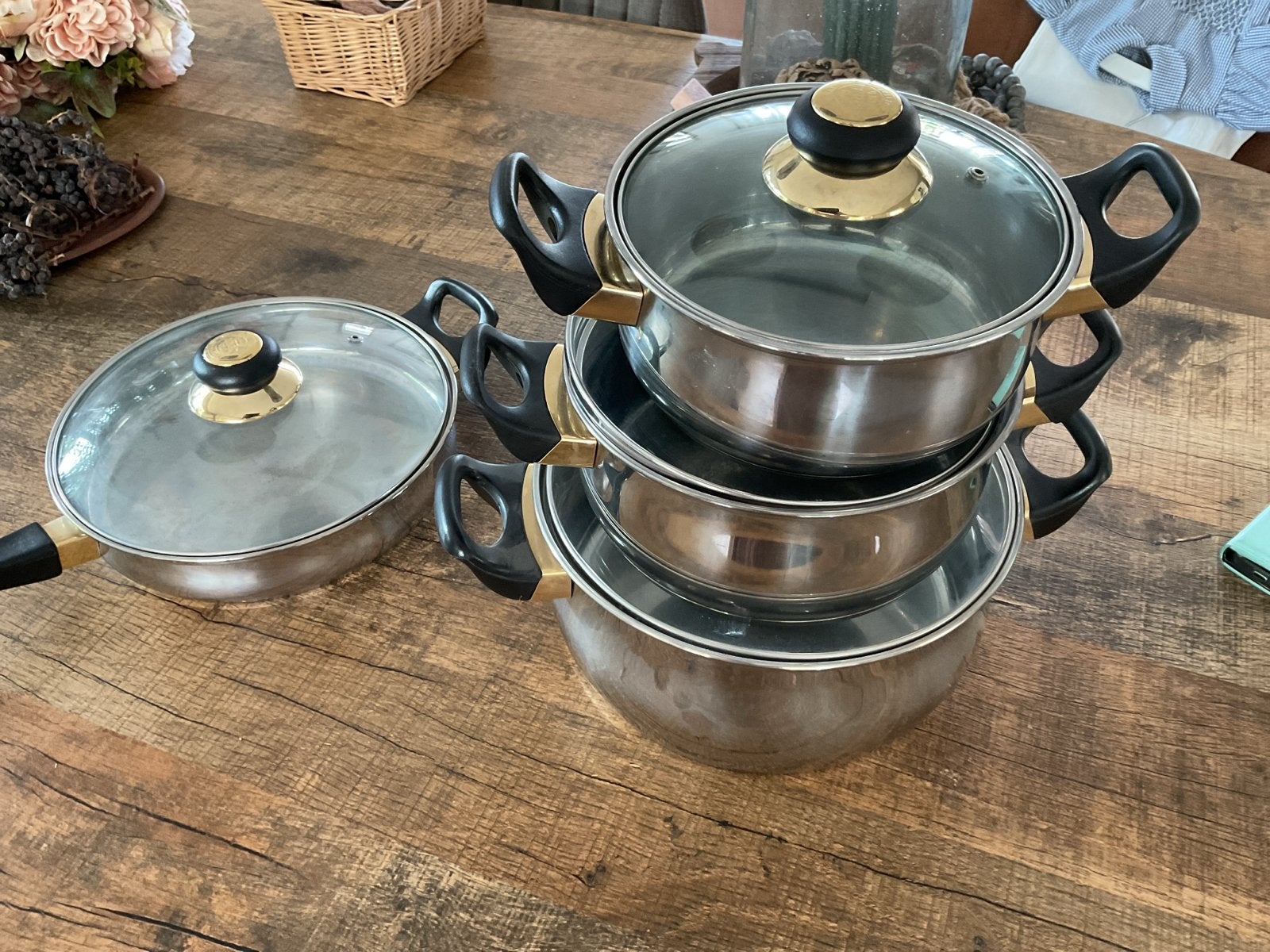 Luxe Pannenset 18-10 RVS met 24 Karaat Gouden Details, Gebruikt, Met deksel, Pannenset, Ophalen of Verzenden