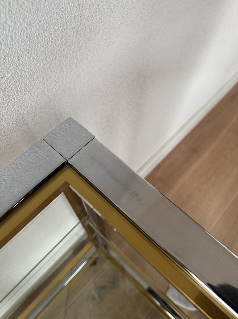 Glazen bijzettafel, chromen en goud, barcart trolley tafel, Huis en Inrichting, Ophalen, 50 tot 100 cm, Zo goed als nieuw, Modern, Hollywood Regency, design, vintage italiaans