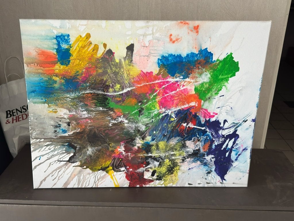 Abstract Schilderij - Kleurrijk en Expressief, Rechthoekig Liggend, Ophalen of Verzenden, Zo goed als nieuw, Canvas of Doek