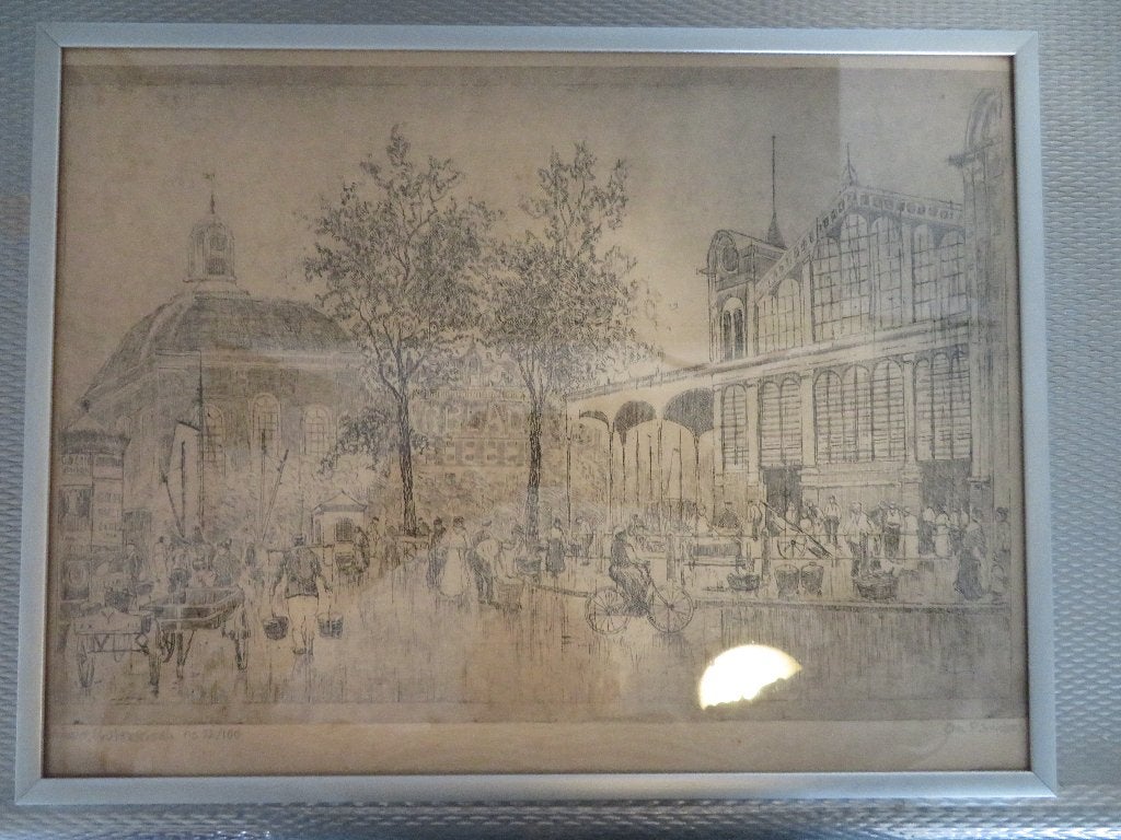 ets vooroorlogs Rotterdam Markt, Lutherse kerk, Ets, Stadsgezicht, Ingelijst, 41 cm