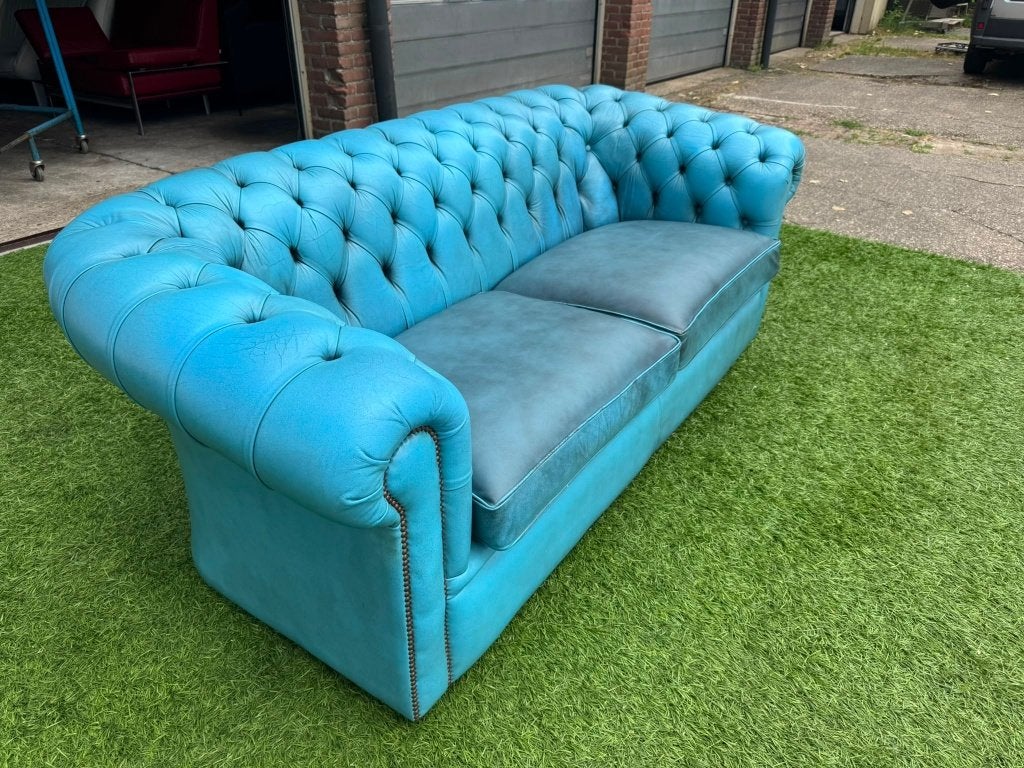 Bankstel CHESTERFIELD 3zit bank blauwe leer, Geen, Pahest@hotmail.nl, Design, Tweepersoons
