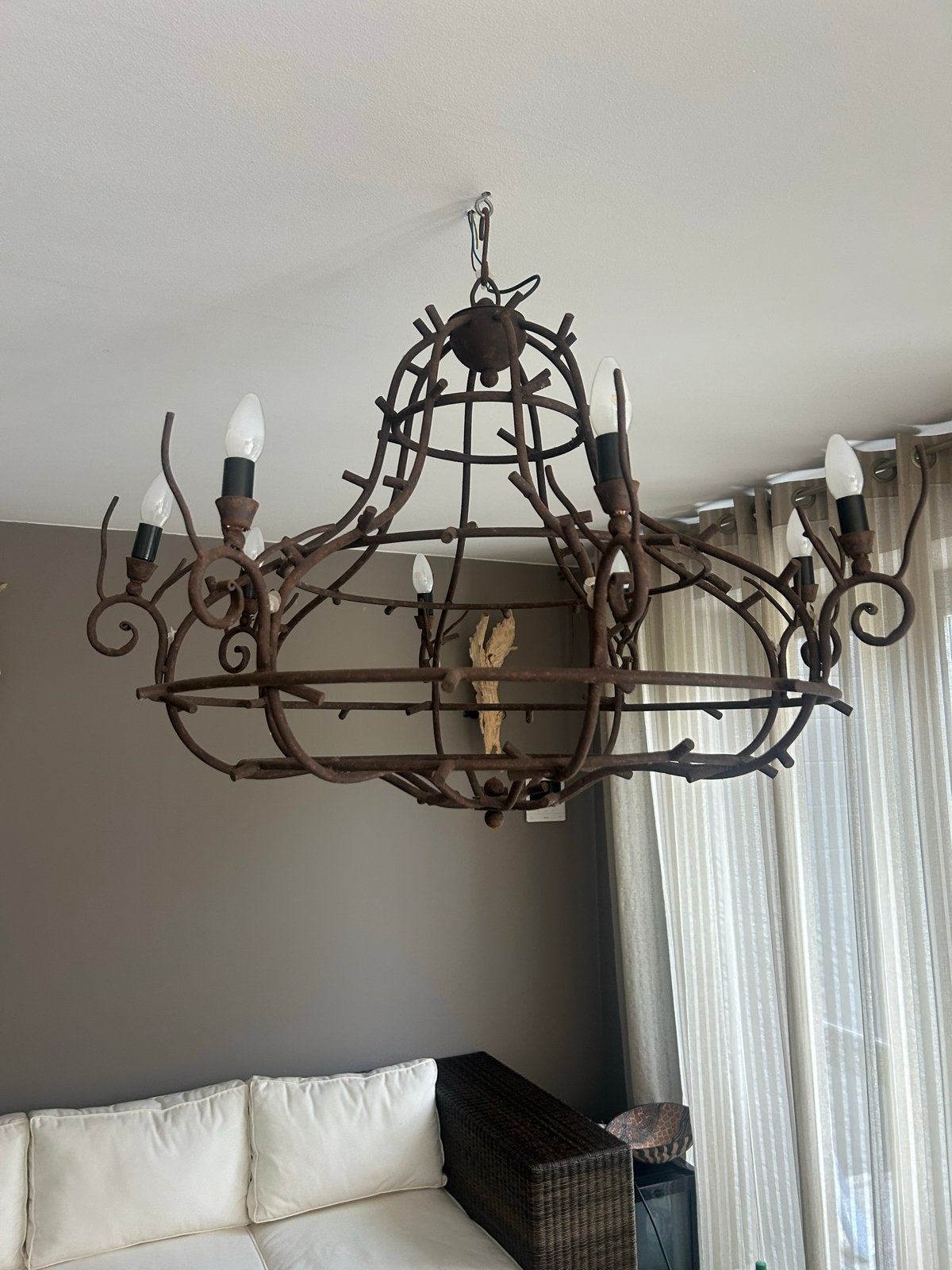 Rustieke smeedijzeren kroonluchter met 6 lampen, Ophalen, Zo goed als nieuw, Metaal, E14 (klein)