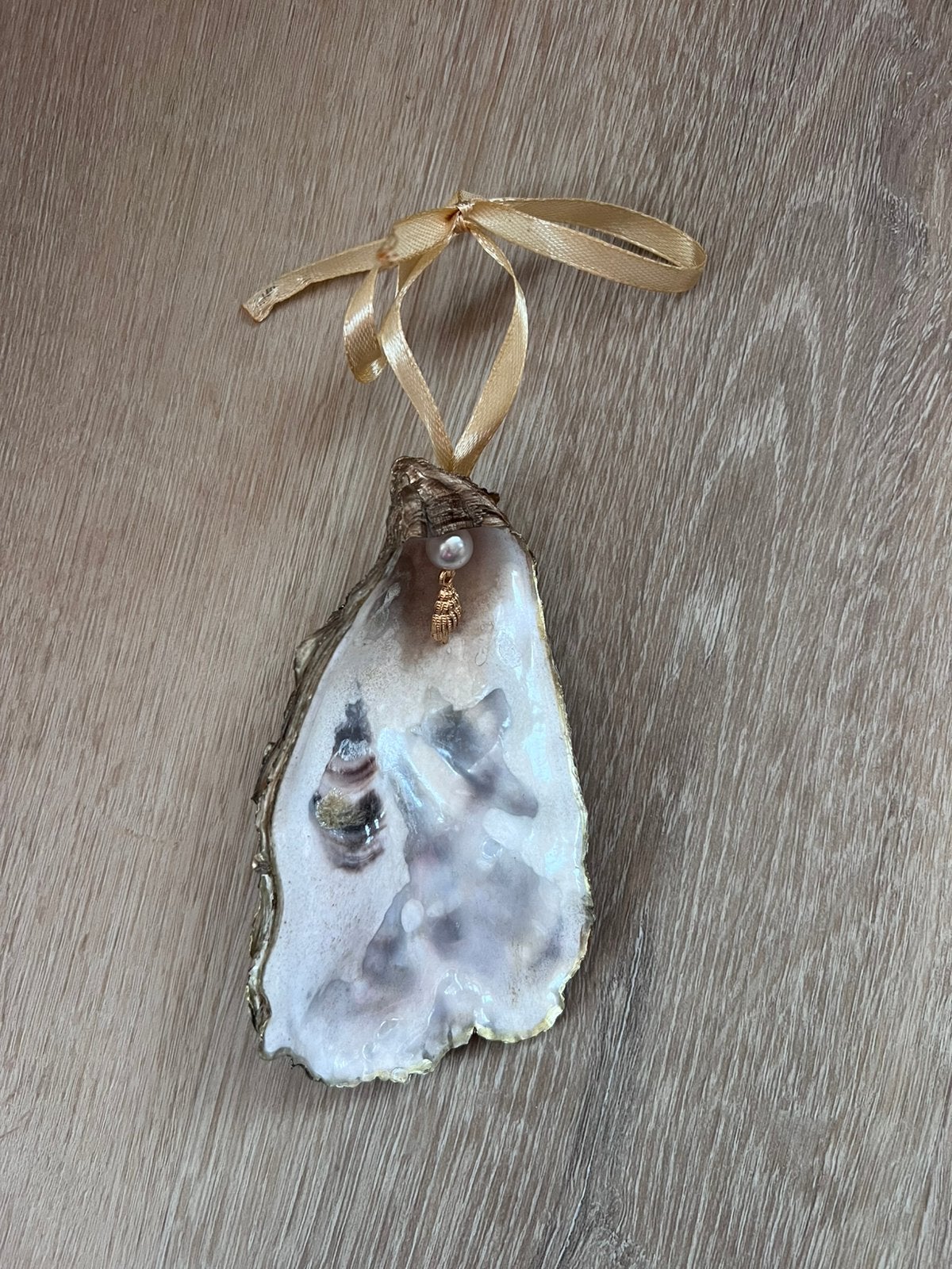 Oesterschelp hanger met bedel en lint, Ophalen of Verzenden, Schelp(en)