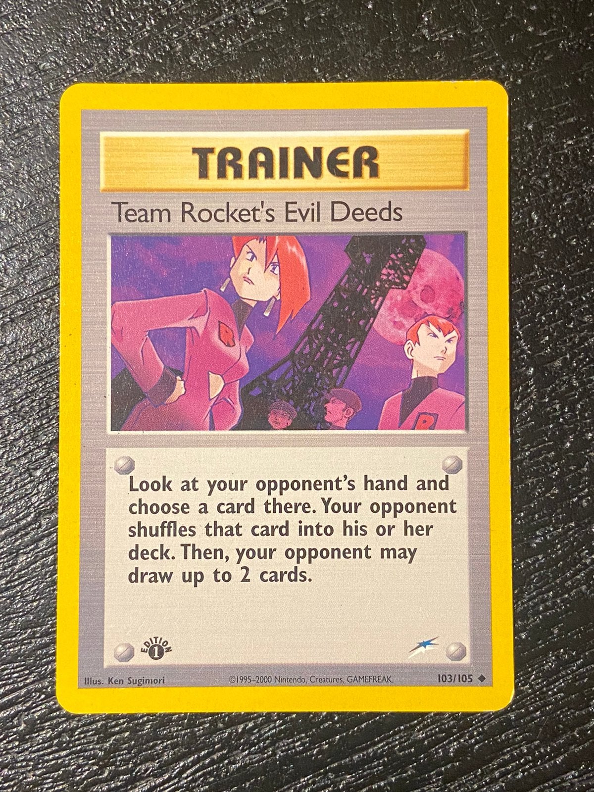 Team Rocket´s Evil Deeds 103/105 First Edition Neo Destiny, Ophalen of Verzenden, Zo goed als nieuw, Losse kaart