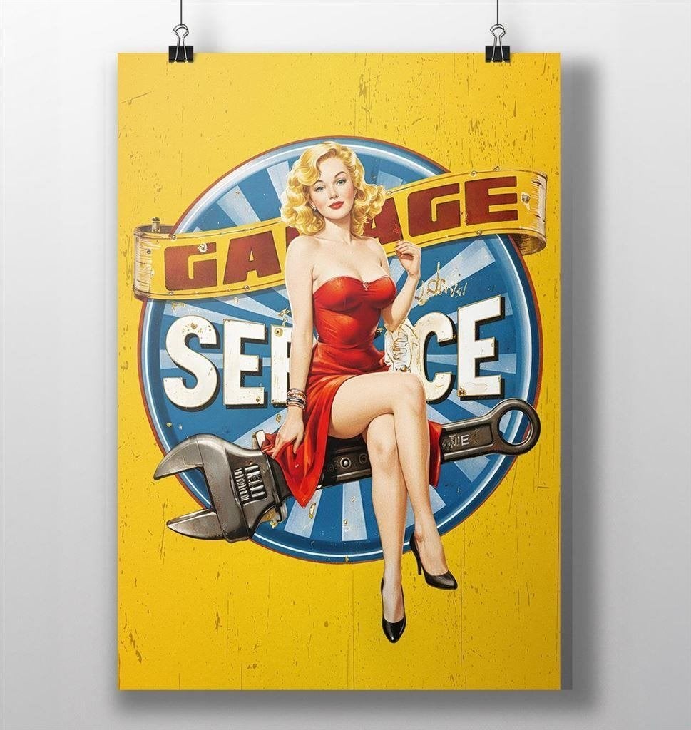 Garage Service Retro Pin Up mancave Poster 50x70cm, Verzenden, Nieuw, Auto's