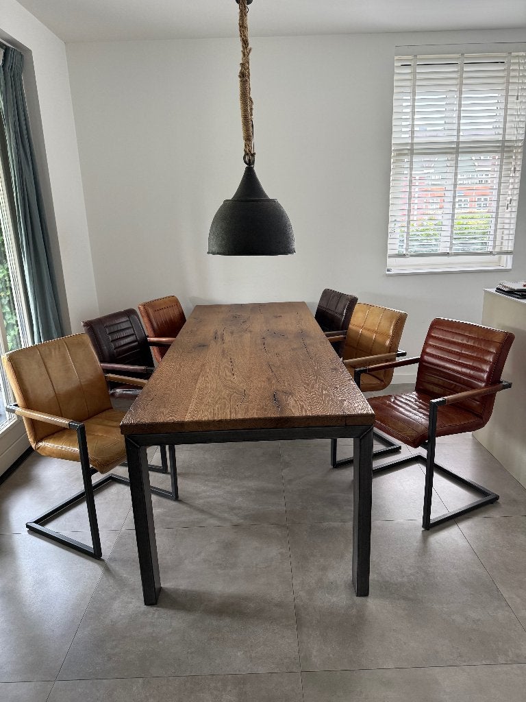 Massief eiken houten eettafel met 6 leren eetkamerstoelen, Huis en Inrichting, Tafels | Eettafels, Ophalen, 200 cm of meer, 50 tot 100 cm