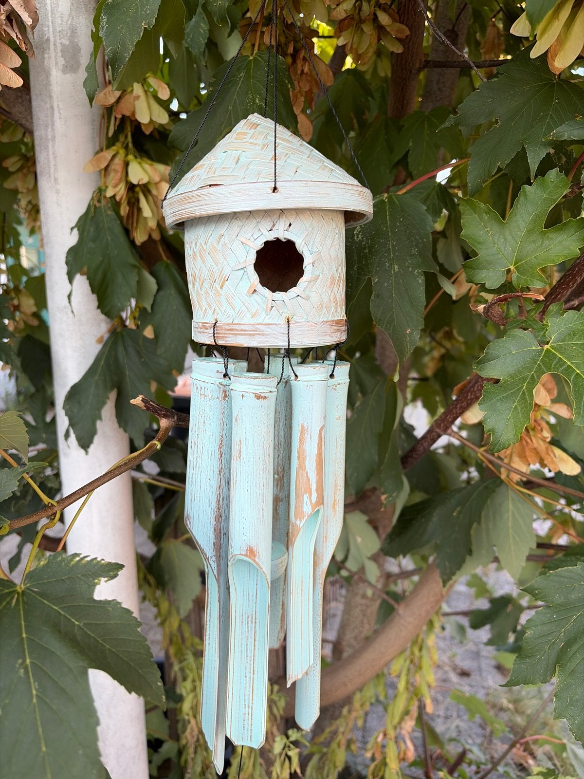 Bamboe windgong met vogelhuisje - Lichtblauw, Tuin en Terras, Ophalen of Verzenden, Nieuw