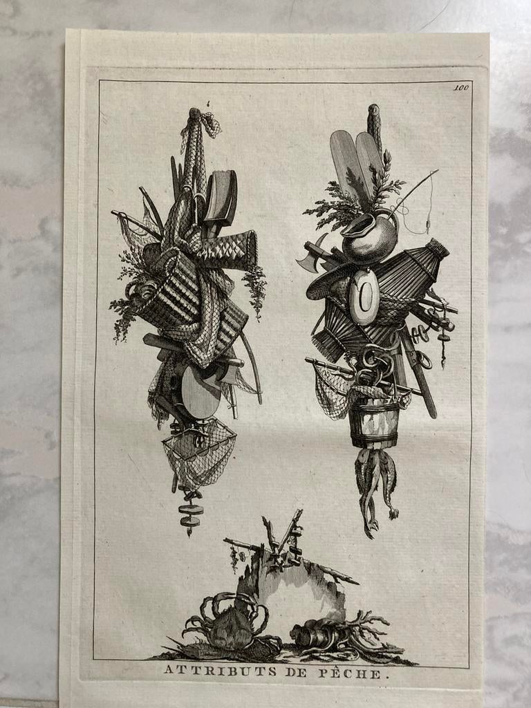 Attributs de pêche, Etienne Fessard, 1771, gravure, 24x15cm., Ophalen of Verzenden