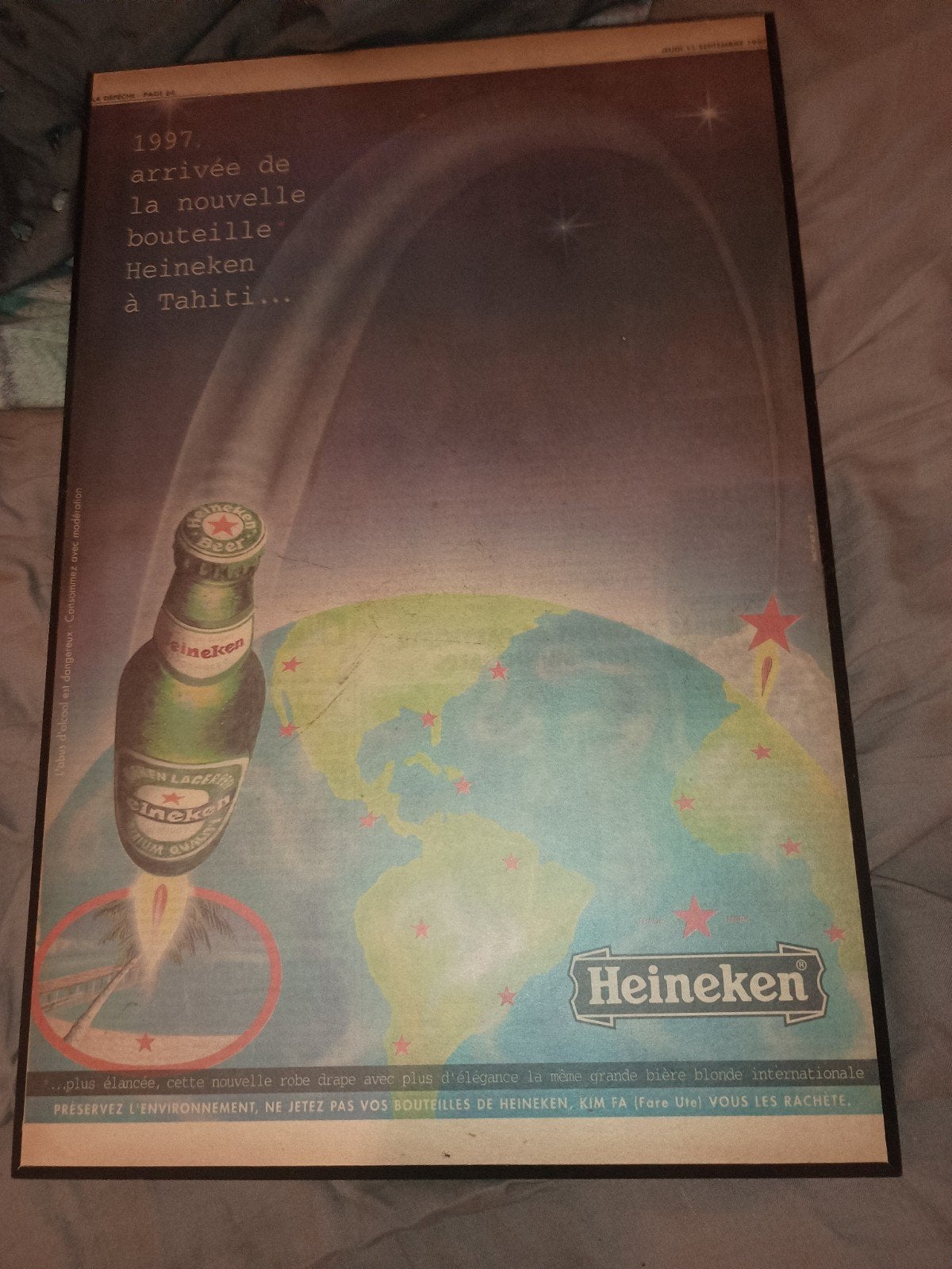 Heineken reclameposter op hout 1997: Amsterdam naar Haïti, Ophalen of Verzenden, Gebruikt, Reclamebord