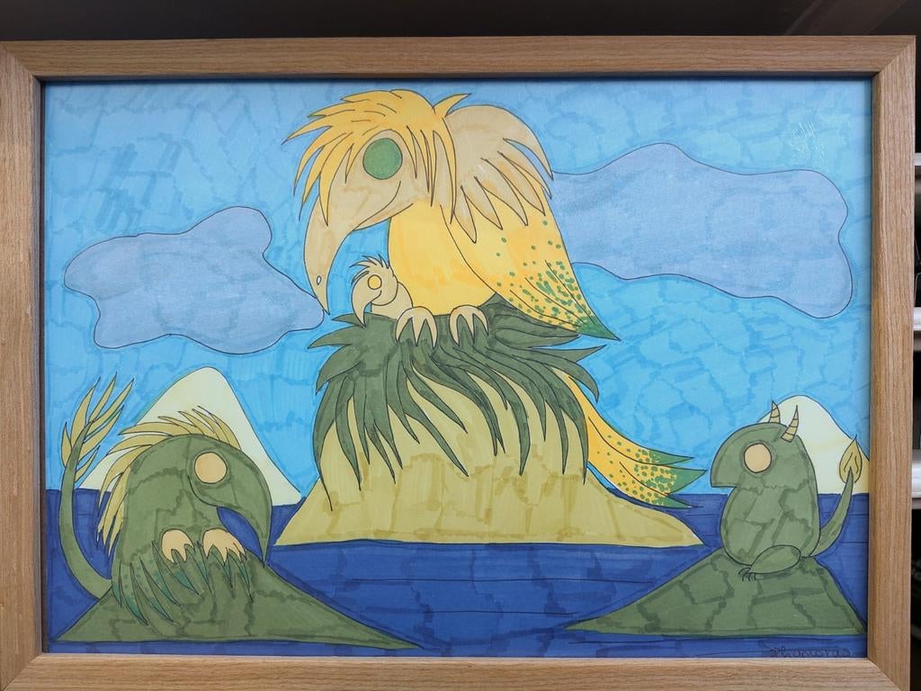 Originele ingelijste tekening in kinderboeken stijl. A4., Ophalen of Verzenden