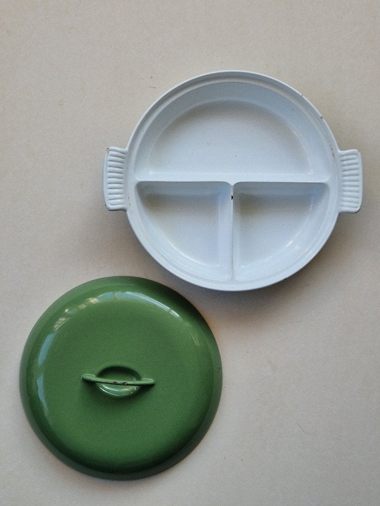 Vintage gietijzeren groen emaille 3-vaks pan.FE Belgium., Ophalen of Verzenden
