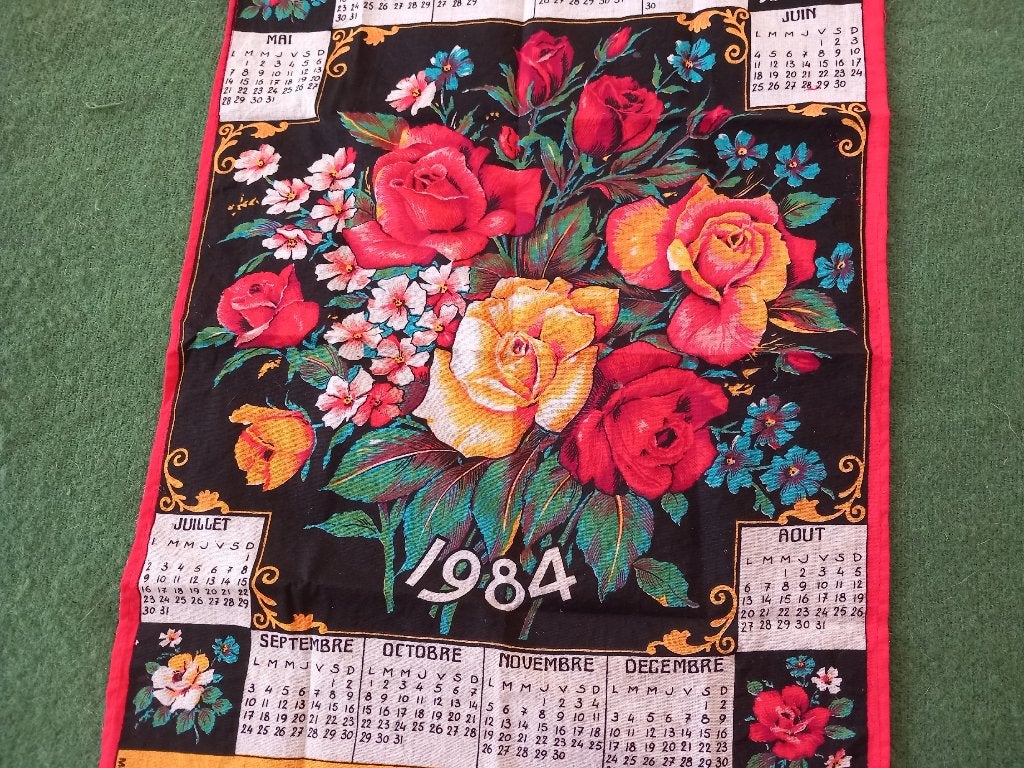 vintage Franse theedoek, katoen overdoek, jaarkalender, 1984, Ophalen