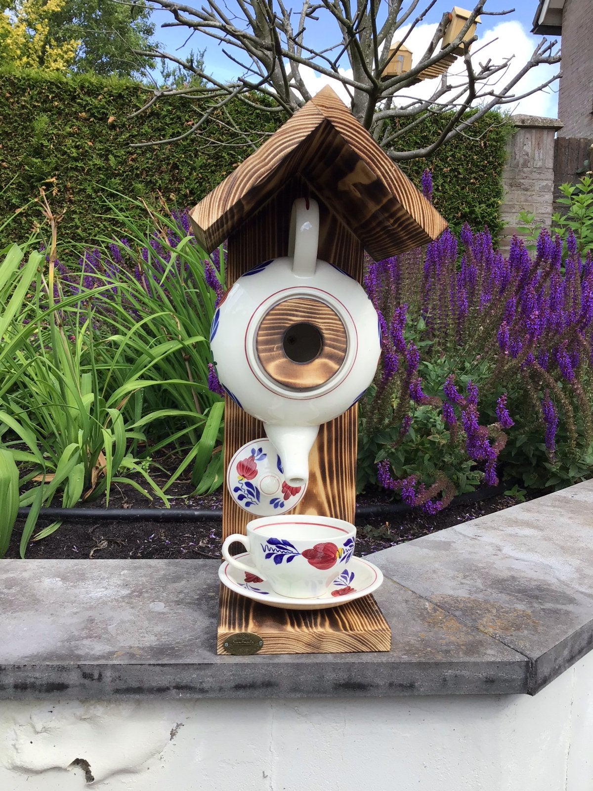 Boerenbont handgemaakte vogelvoederhuisje theepot design, Tuin en Terras, Vogelhuisjes en Vogelbaden, Ophalen of Verzenden, Nieuw