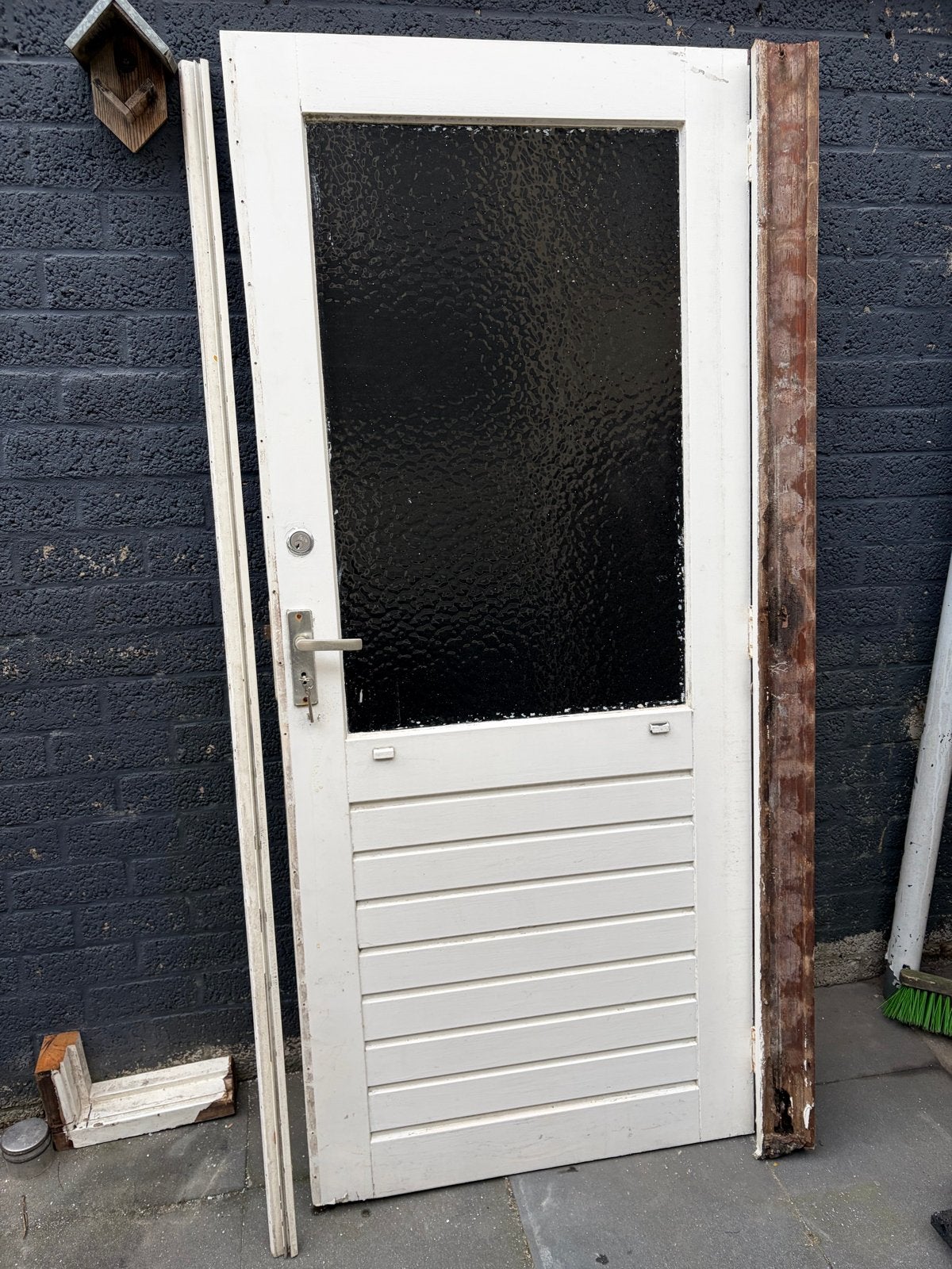 Gebruikte buitendeur met glas en houten panelen, Ophalen, Gebruikt, 80 tot 100 cm, 200 tot 215 cm