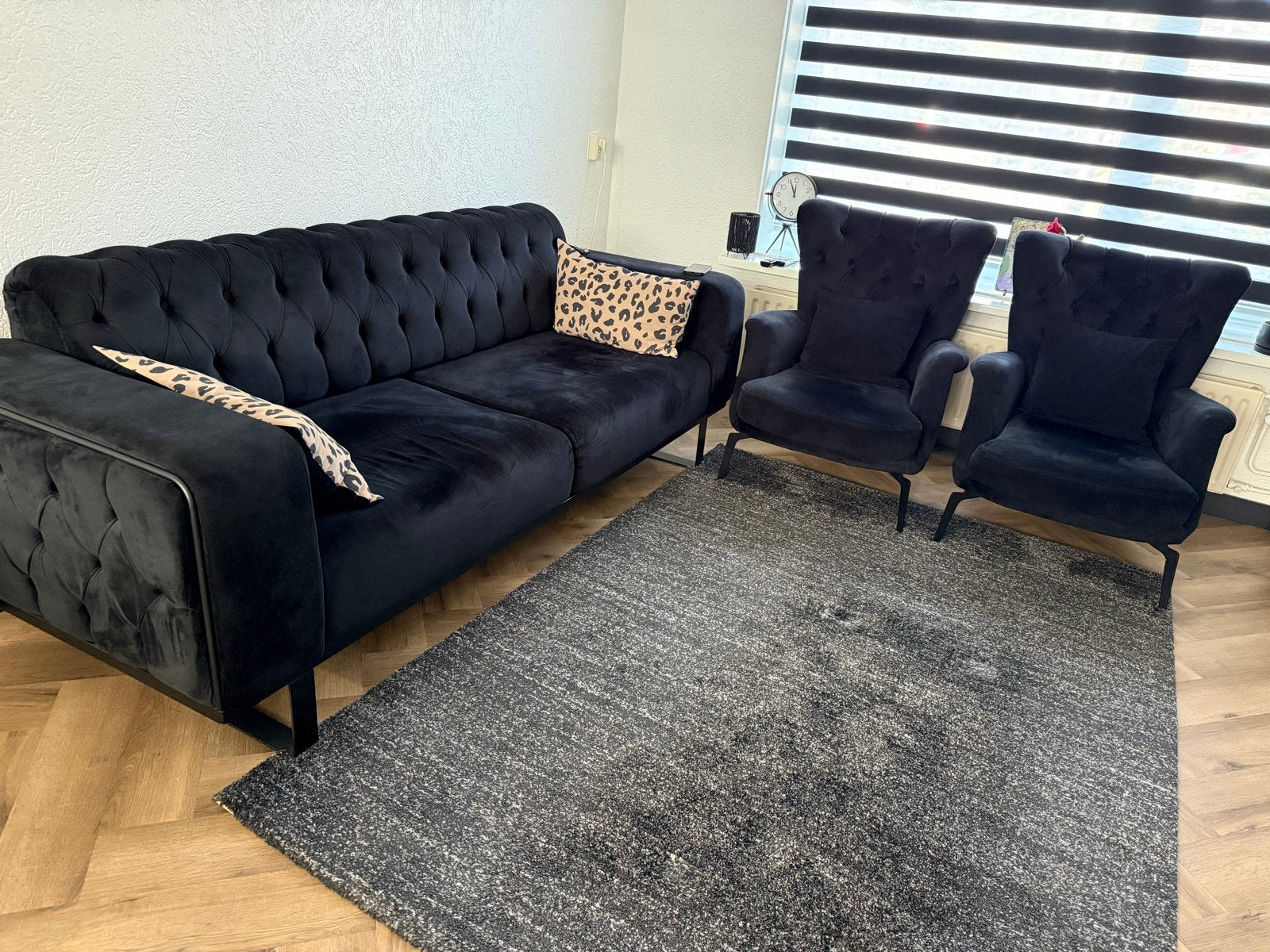 Zwarte fluwelen bank met twee fauteuils, Ophalen, Gebruikt, Driepersoons, 75 tot 100 cm