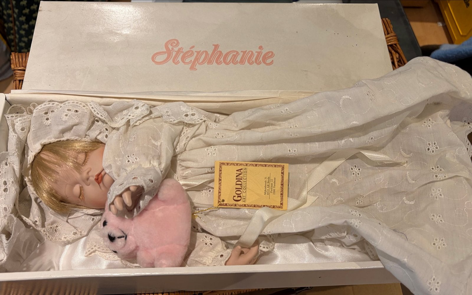 Goldina Art Collection Babypop Stéphanie in doos, Verzamelen, Ophalen, Zo goed als nieuw, Babypop, Levensecht of Reborn