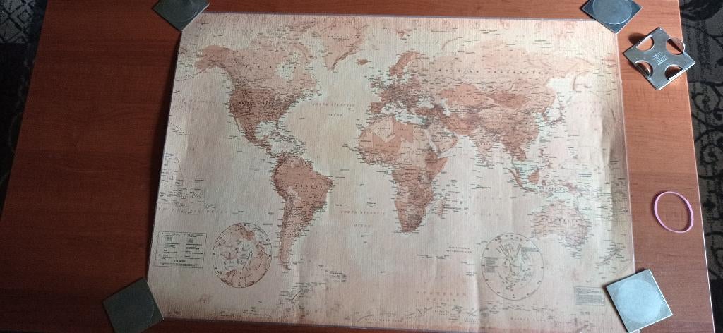 Wereldkaart geplastificeerd, antique look., Collins, Ophalen of Verzenden, 1800 tot 2000, Wereld