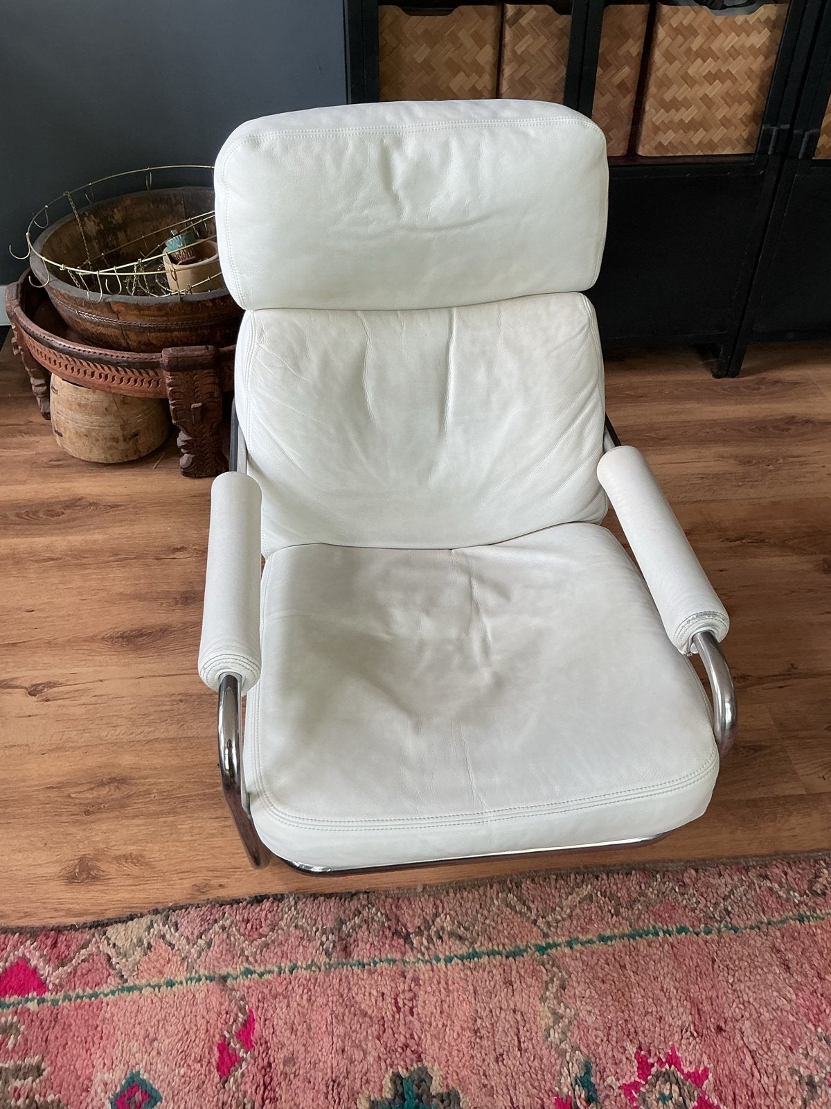 Leren fauteuil Jan des Bouvrie, Ophalen, Gebruikt, Wit, Leer
